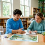 Students reviewing a forest ecosystem diagram together