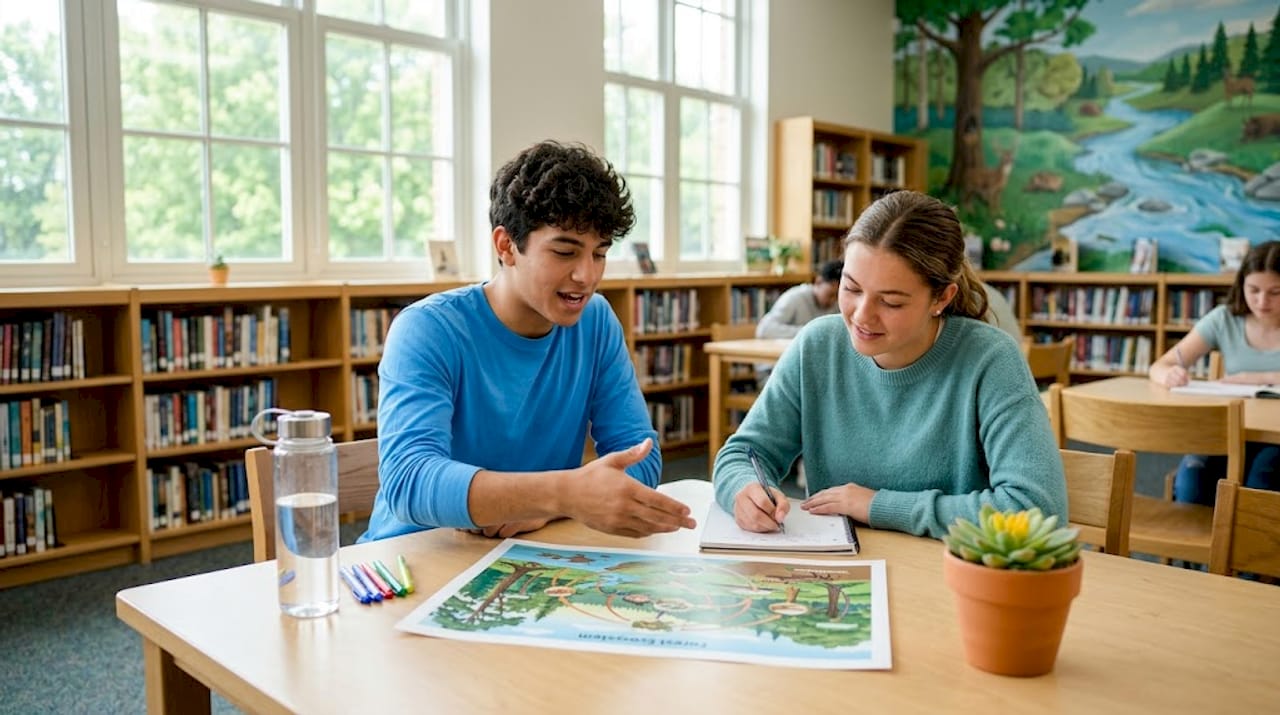 Students reviewing a forest ecosystem diagram together