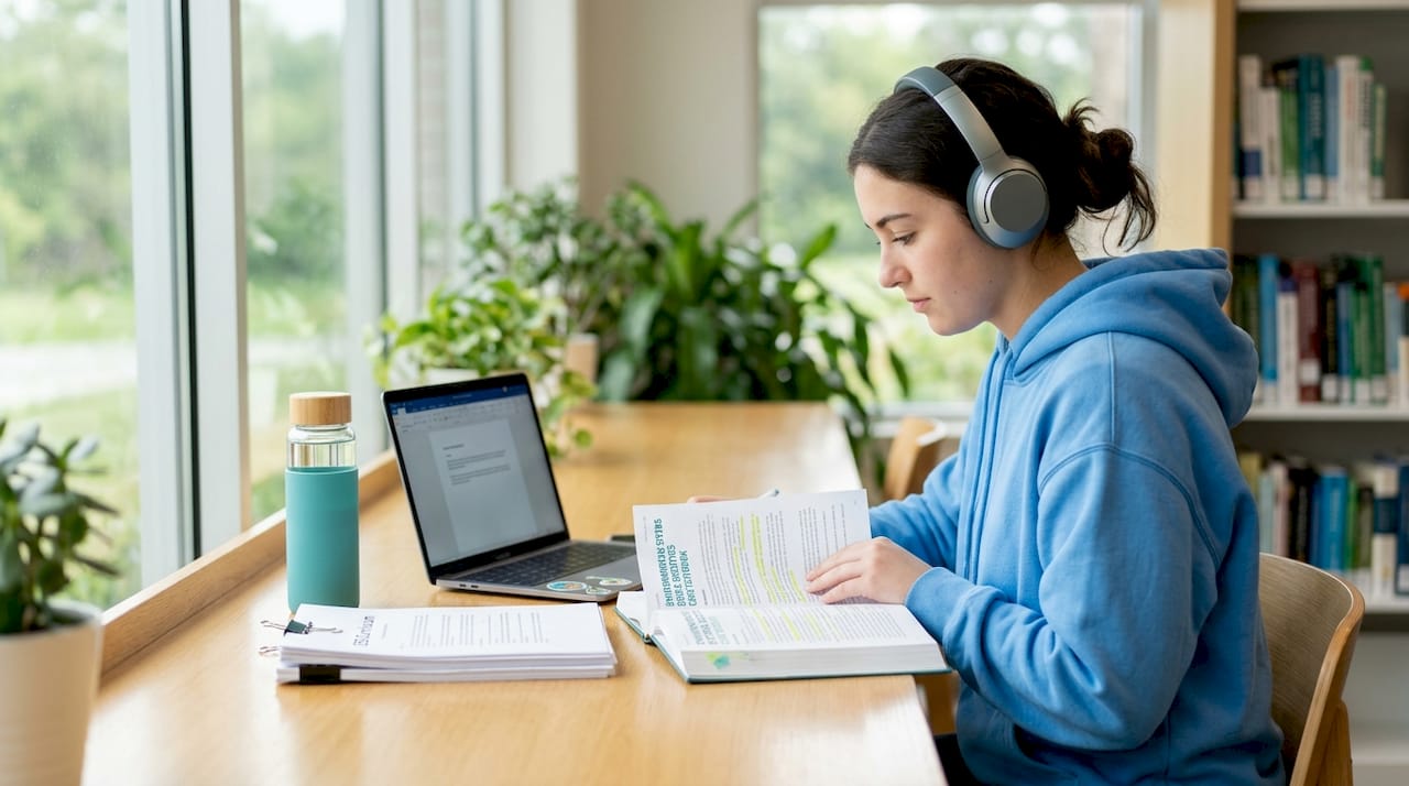 Student deep in ESS textbook study