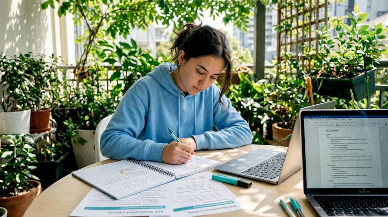 Student planning IB ESS essay draft