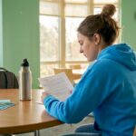Student reading feedback on printed essay in classroom