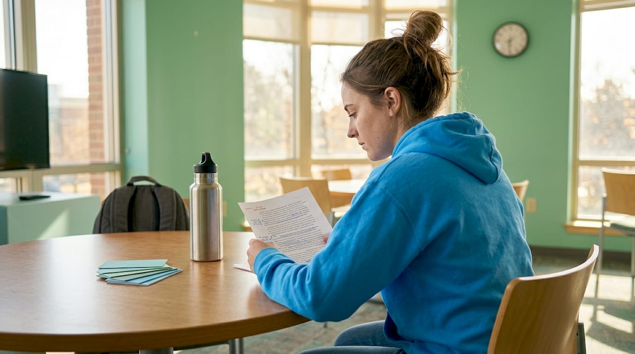 Student reading feedback on printed essay in classroom
