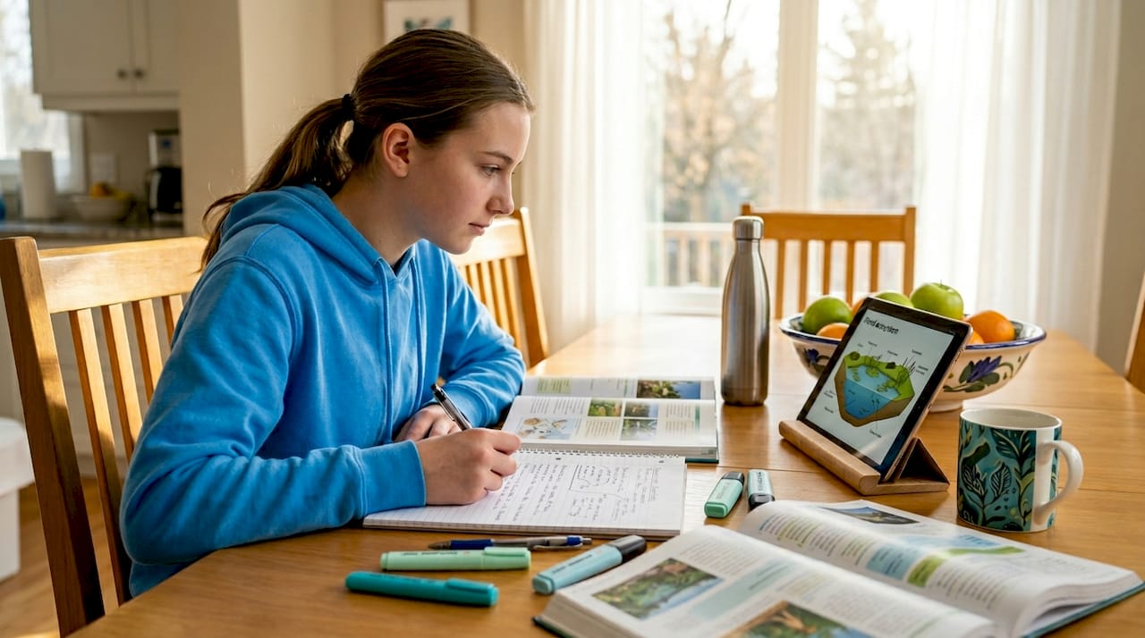 Student studying IB ESS ecosystem notes
