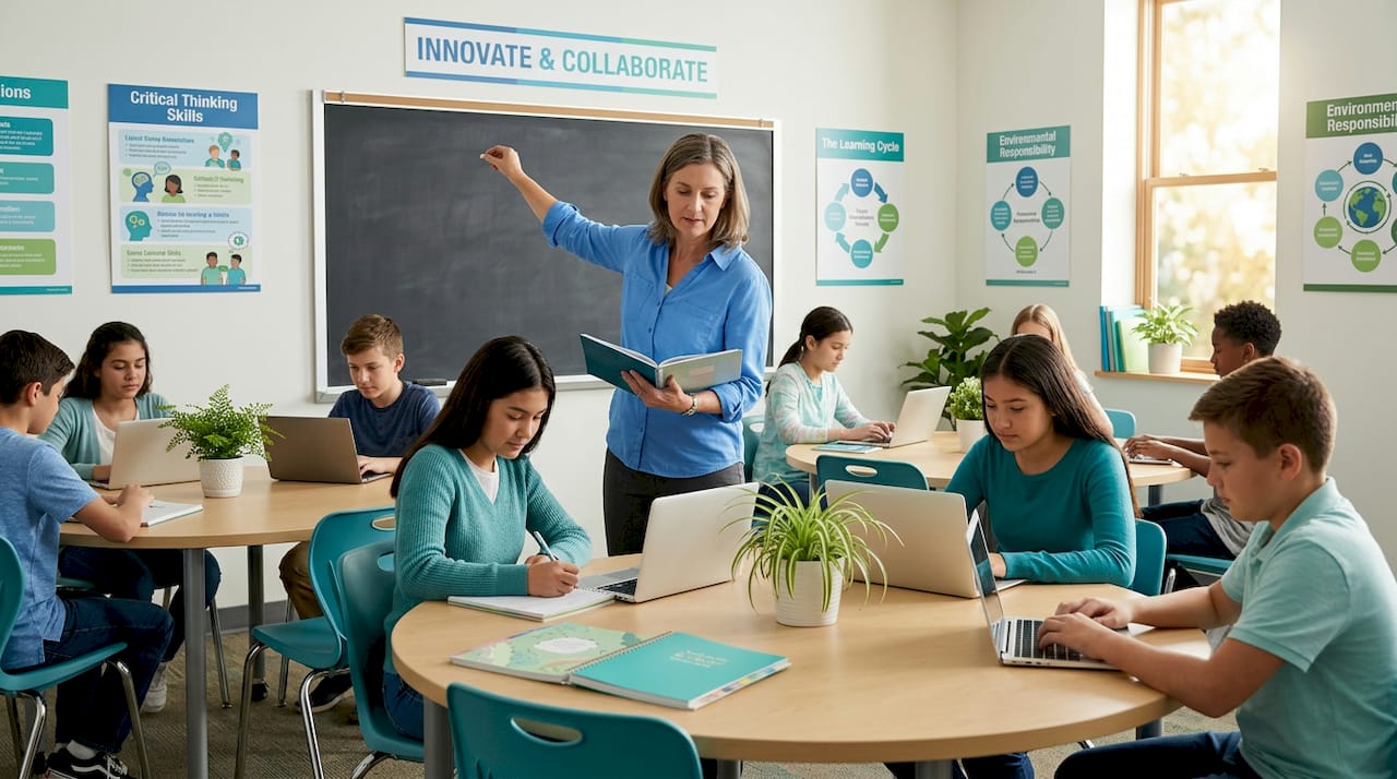 Teacher adjusts lesson on digital whiteboard