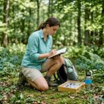 Student recording biodiversity observations in meadow