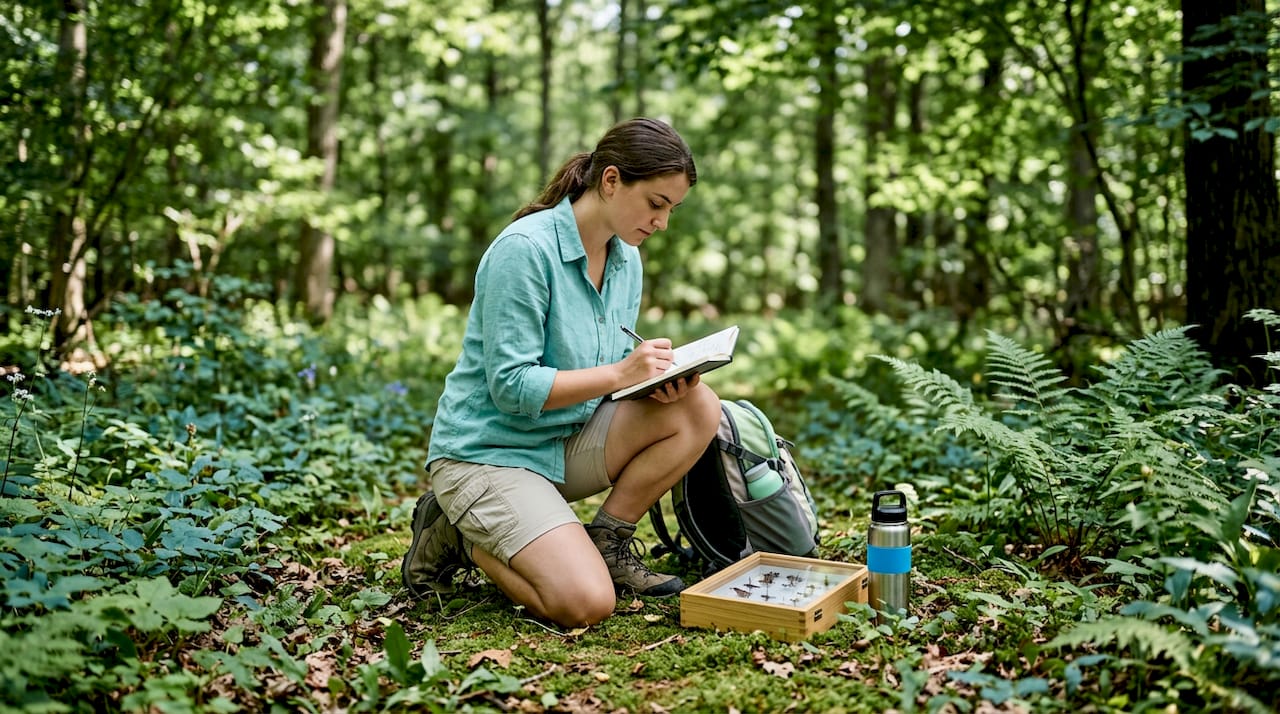 Student recording biodiversity observations in meadow