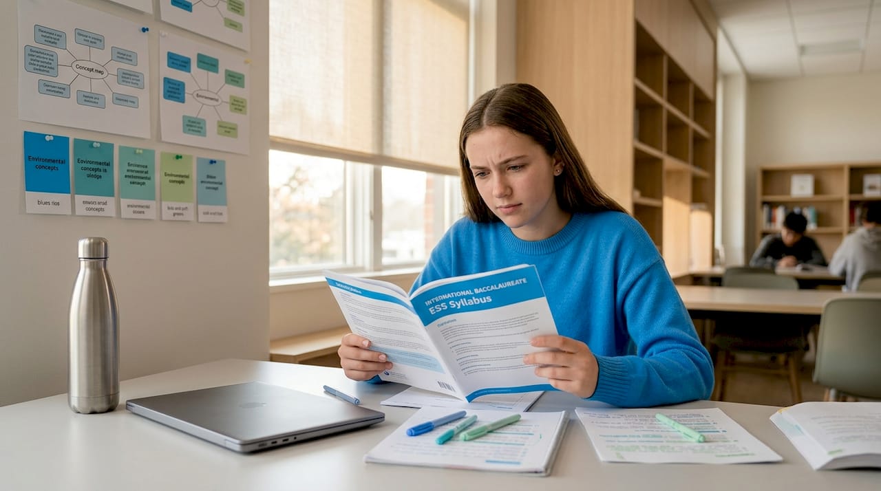 Student studying IB ESS syllabus materials