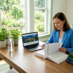 Environmental lawyer reviewing law documents at desk