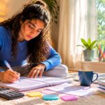 Student writing ESS practical report at desk