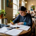 Student studying scientific research papers