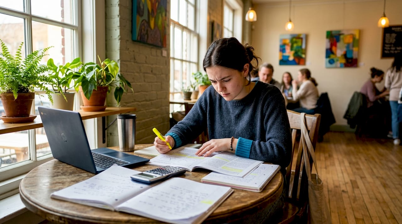 Student studying scientific research papers