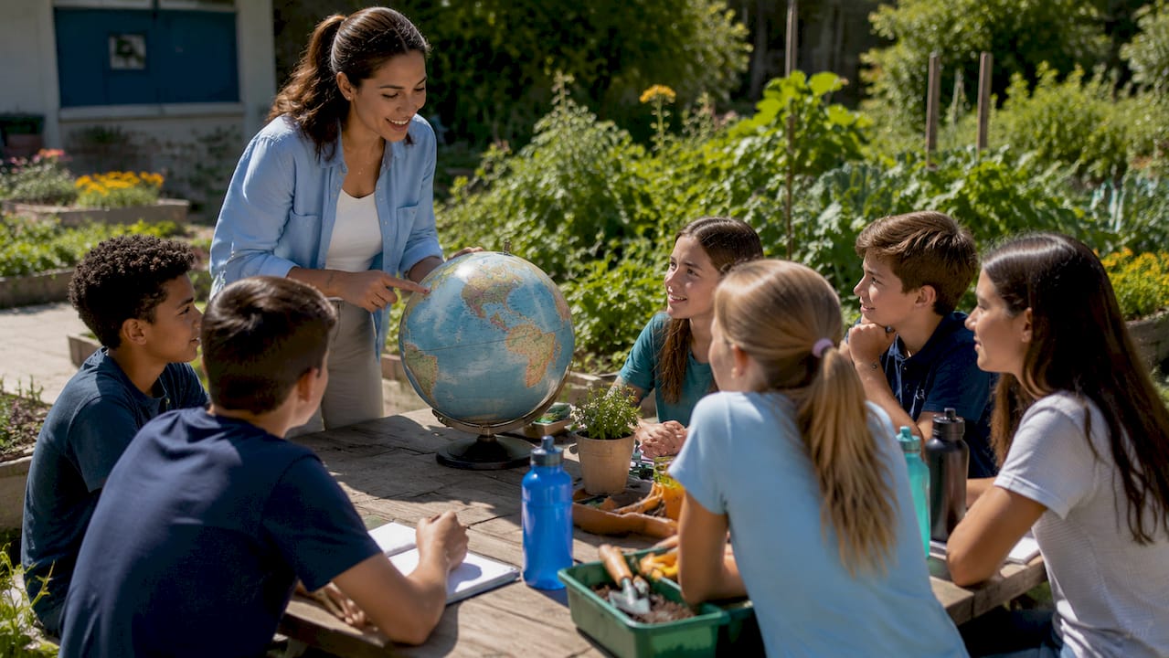 Teacher engaging diverse students in sustainability lesson