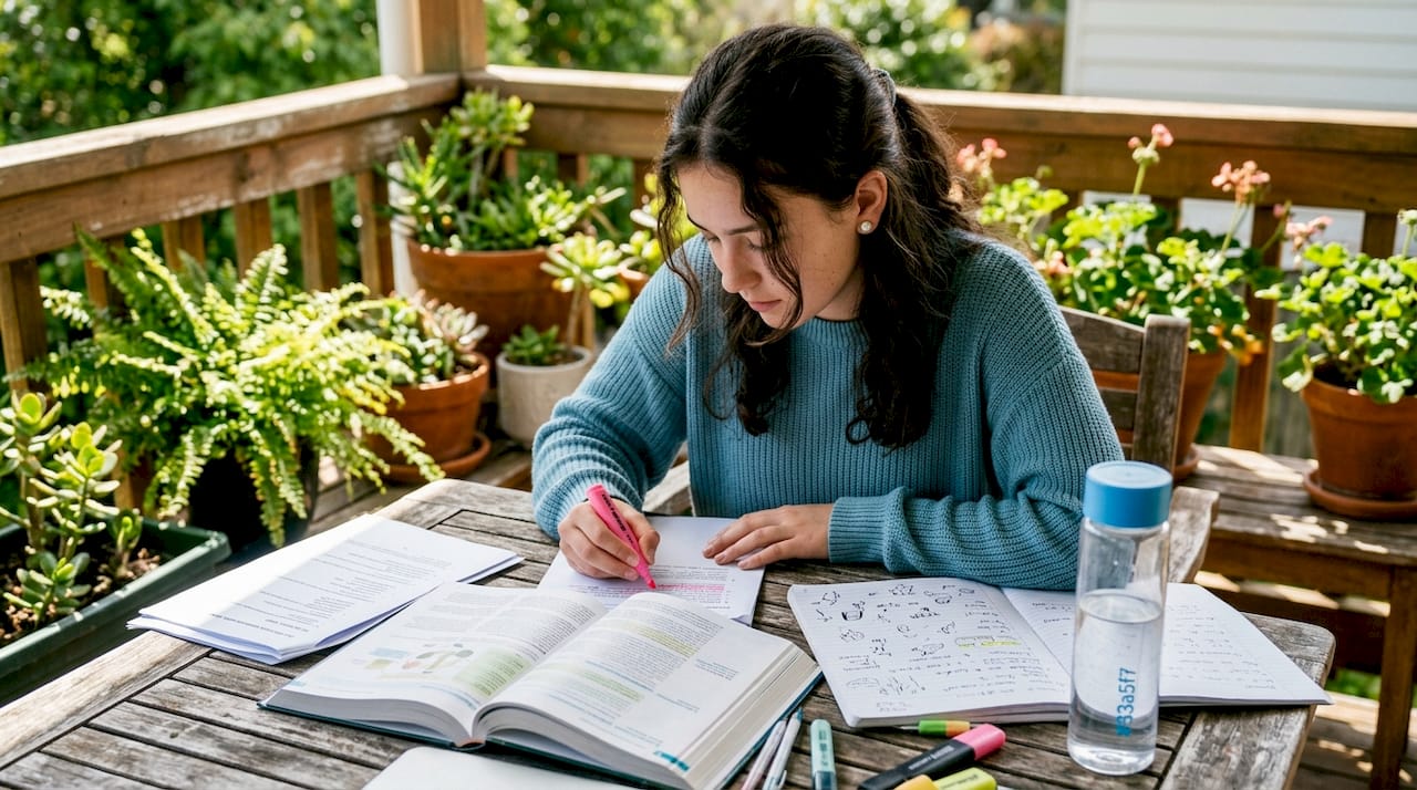 Student studying IB ESS exam materials
