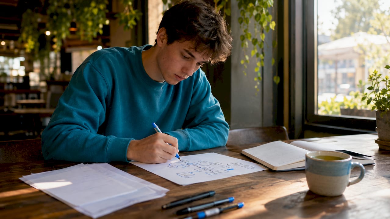 Student drawing system diagram in library