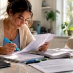 Student cross-checking references at table