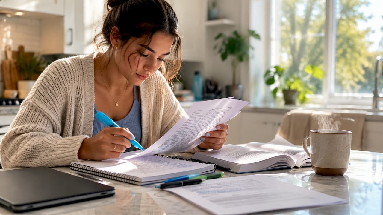 Student cross-checking references at table