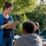 Teacher reviewing student quiz in classroom