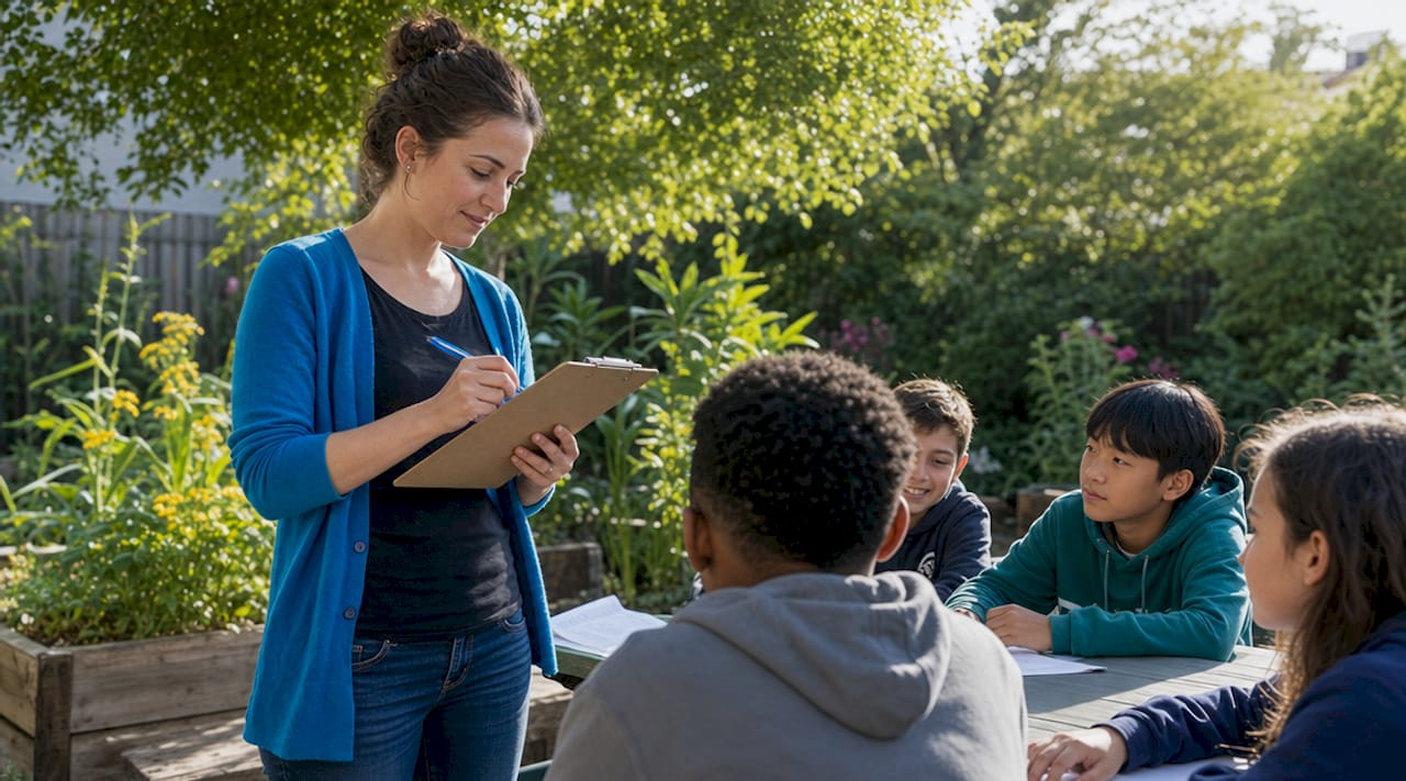 Teacher reviewing student quiz in classroom