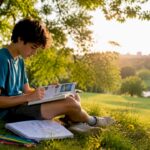 Student studying environmental pollution outdoors