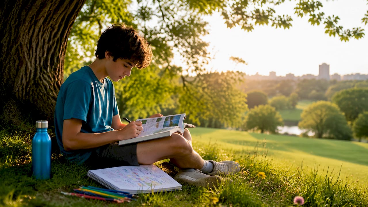 Student studying environmental pollution outdoors