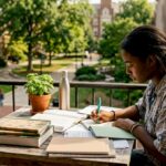 Student studying sustainability concepts in library