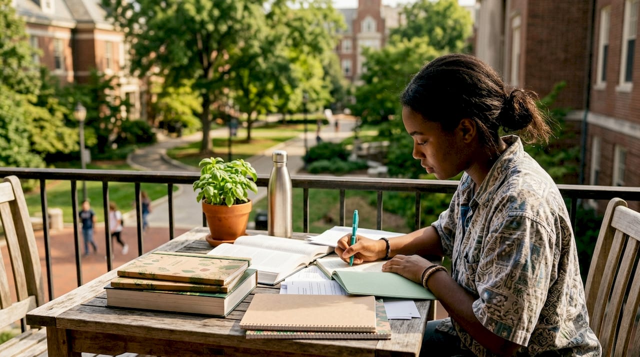 Student studying sustainability concepts in library