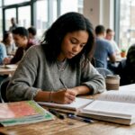 Student planning ESS essay in university library