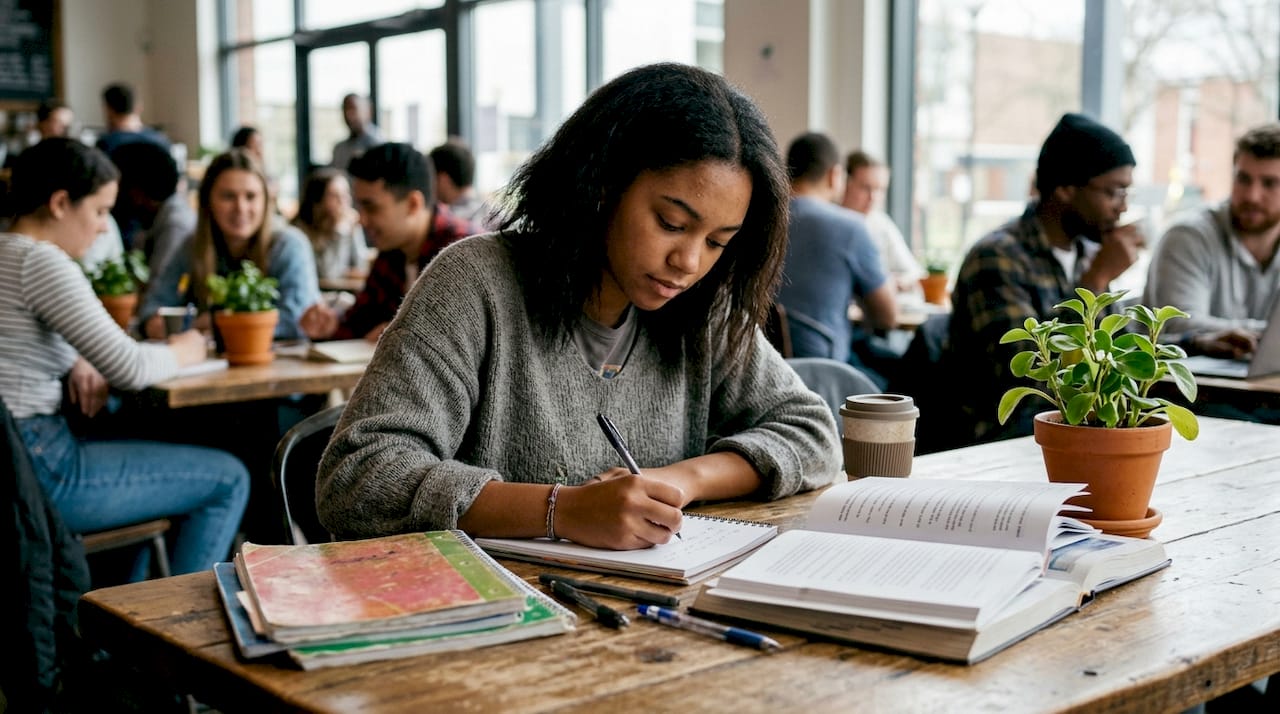 Student planning ESS essay in university library