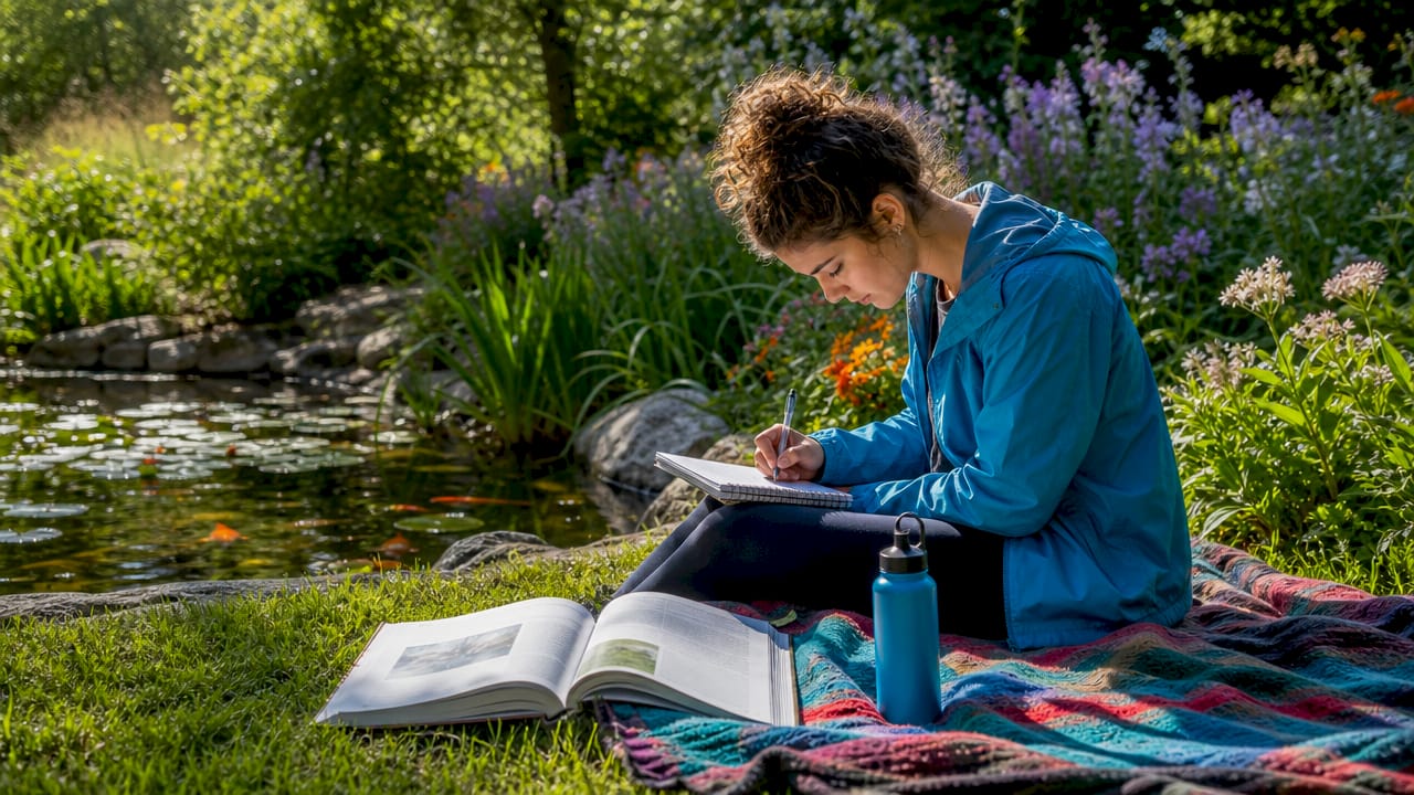 Student studying water ecosystems outdoors by river