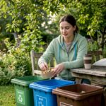 Student sorting recyclables at campus outdoor table