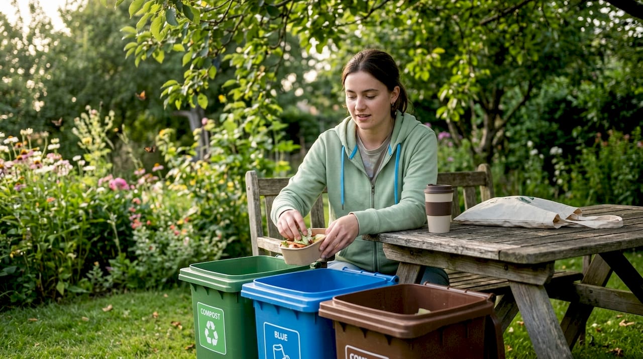 Student sorting recyclables at campus outdoor table