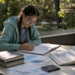Student studying climate change textbooks