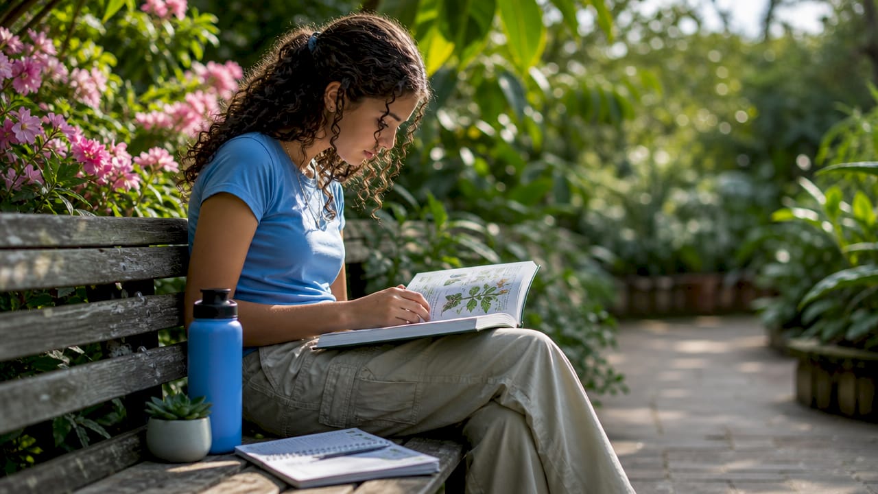 Student studying ecosystem productivity in garden