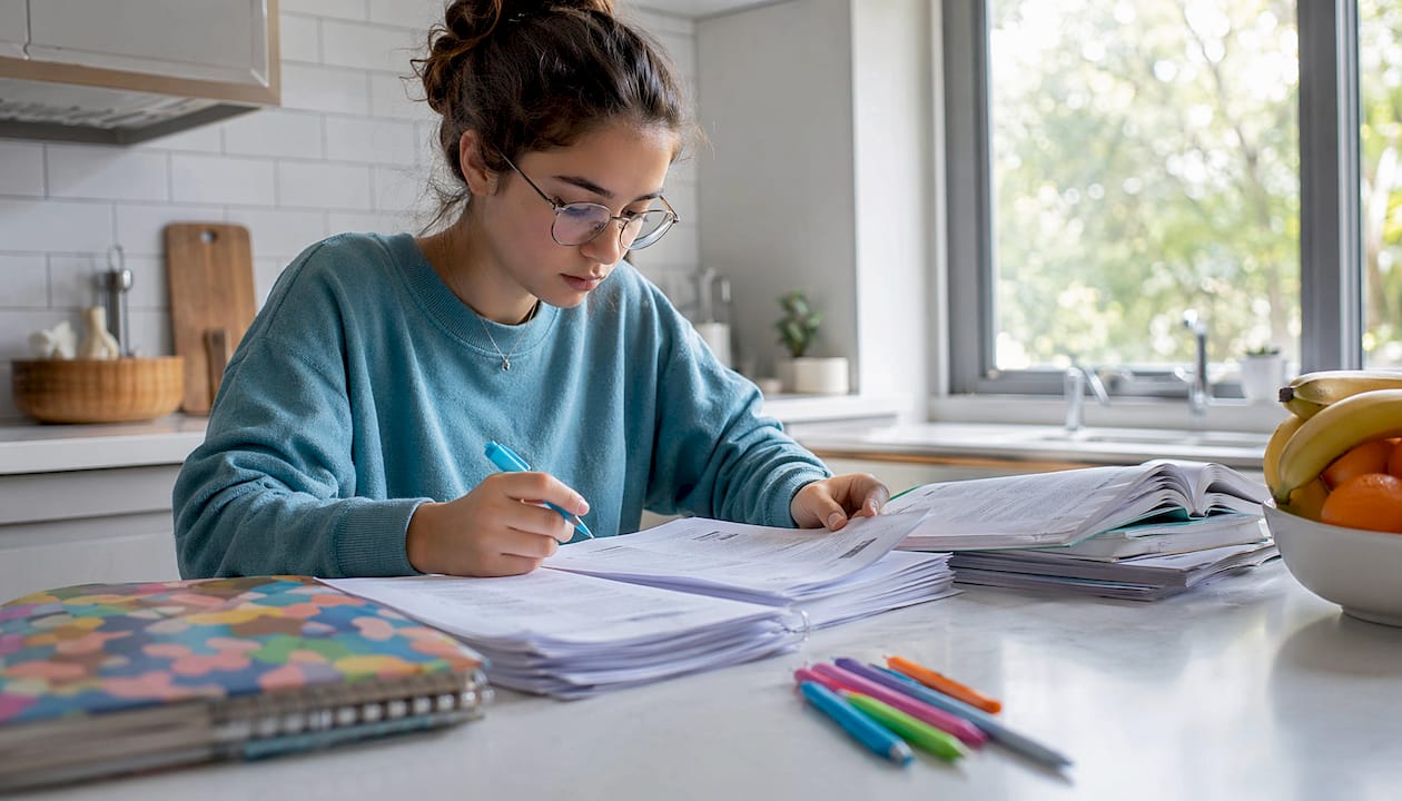 Student reading ESS feedback at desk