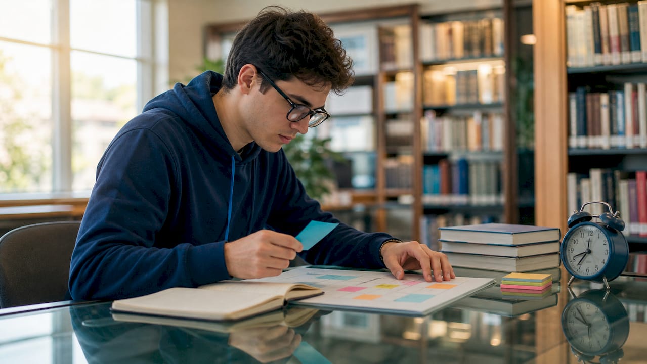 Student planning resources and schedule at desk