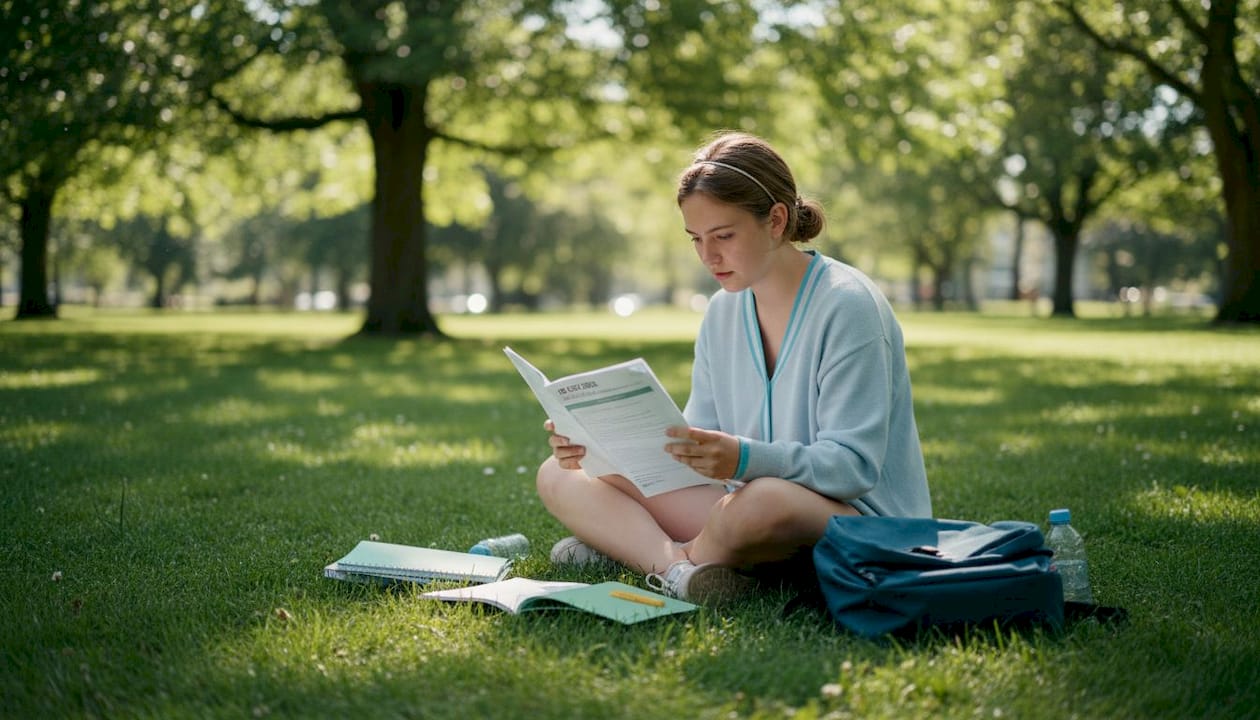 Student reading IB ESS syllabus at desk
