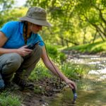 Student measuring water quality in stream