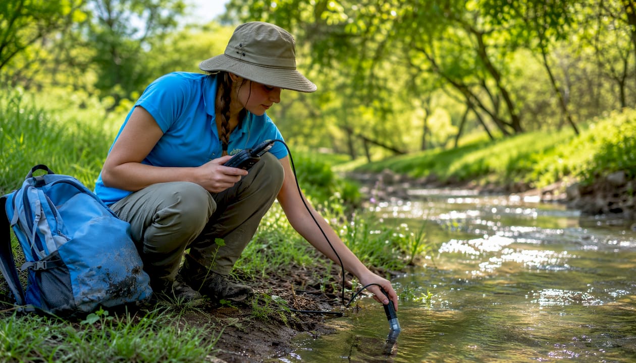 Student measuring water quality in stream