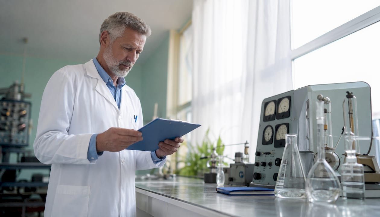 Scientist in vintage lab examining notes