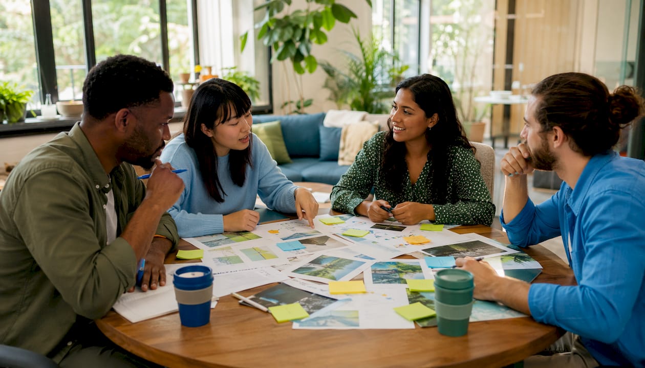 NGO team discussing environmental policy documents