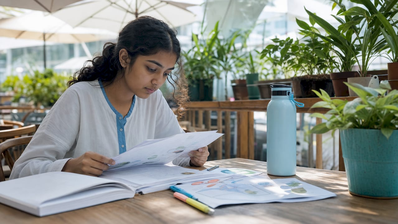 Student studying carbon cycle diagrams in library