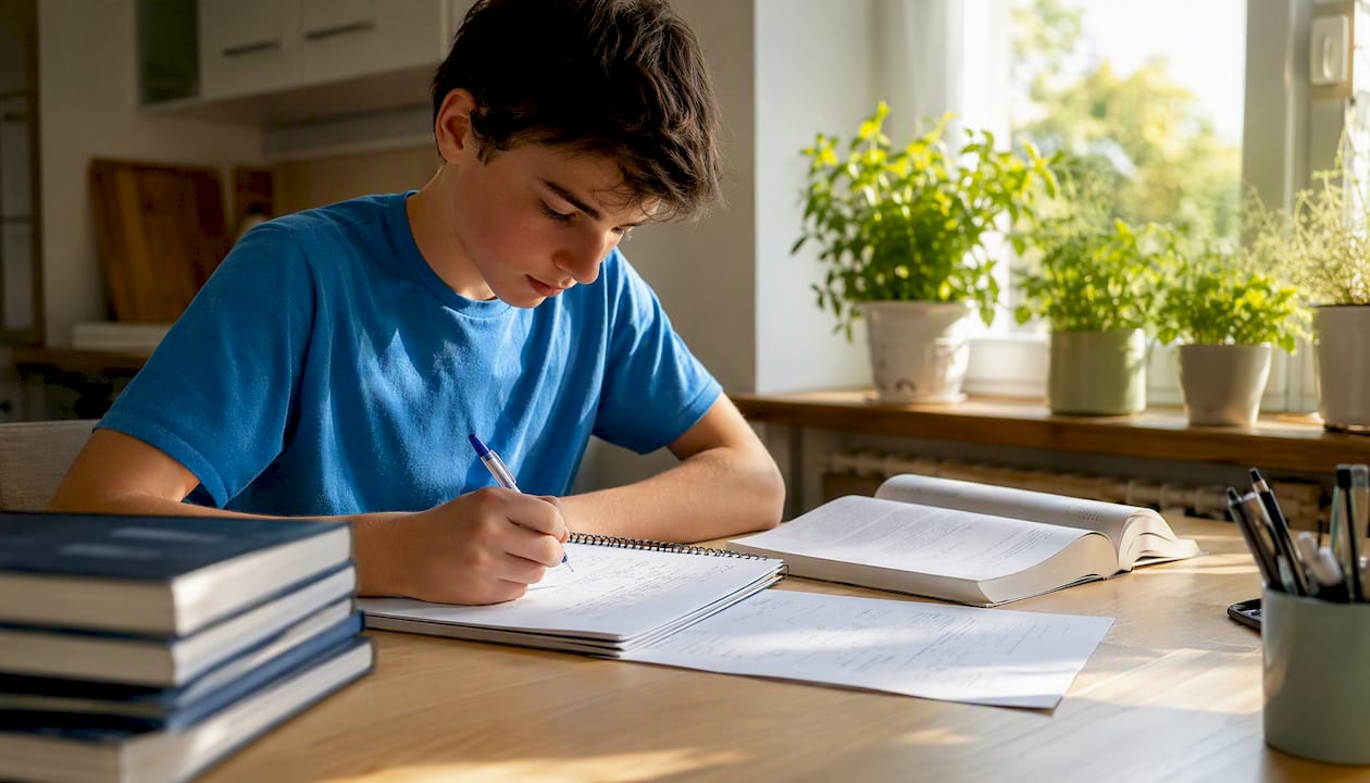 Student preparing for IB Chemistry exam at desk