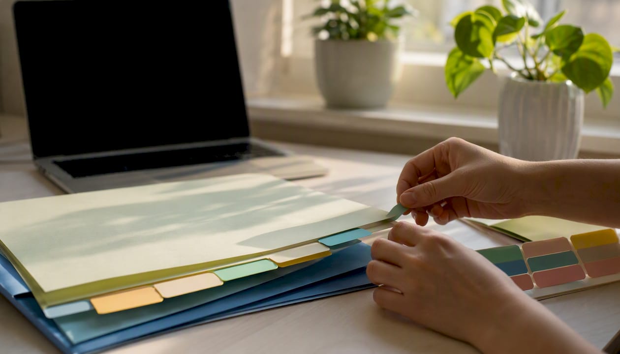 Hands arranging ESS study materials on table
