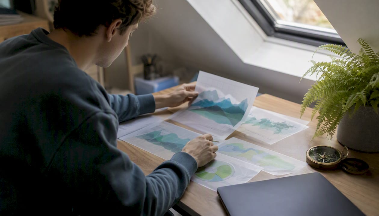 Hands analyzing environmental data sheets on desk