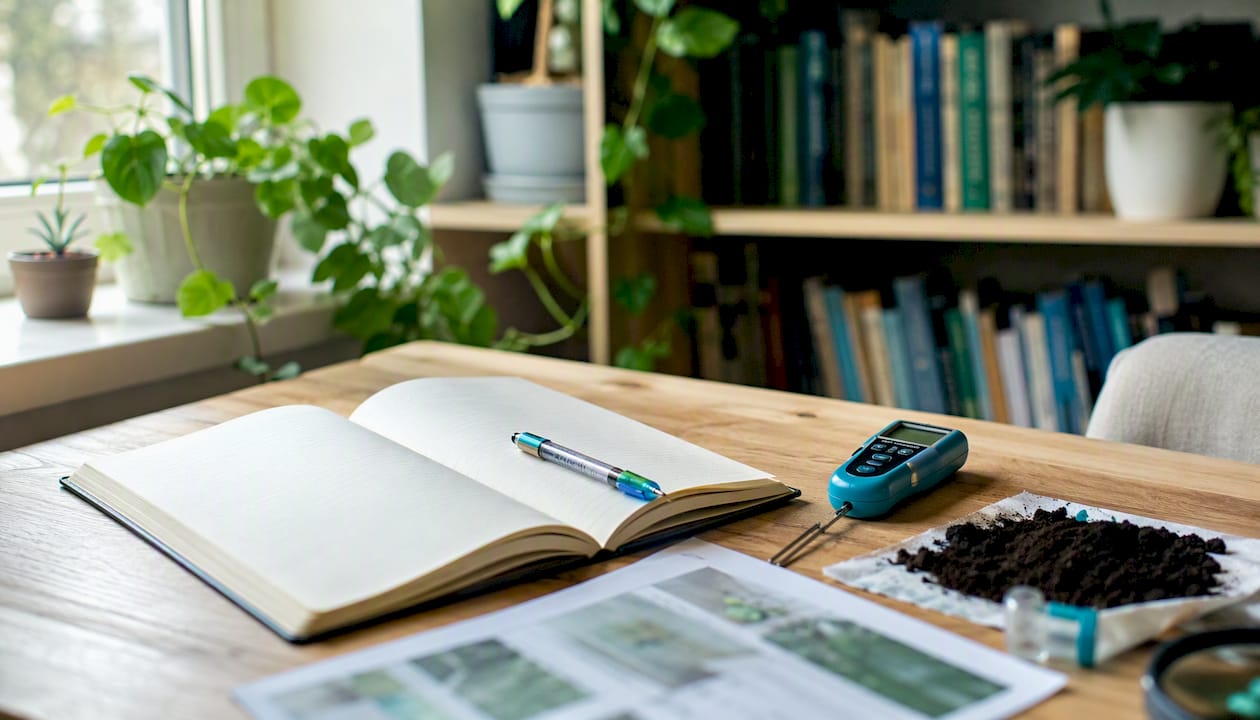 Notebook and environmental study tools on table