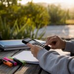 Hands using calculator and notebook for ESS statistics