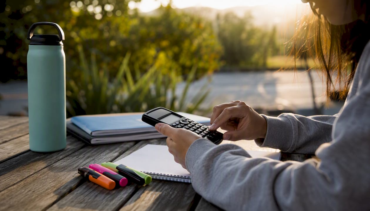 Hands using calculator and notebook for ESS statistics
