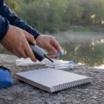 Hands setting up ESS fieldwork tools by river
