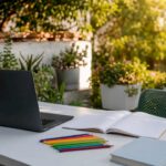 Study materials on table with off laptop screen