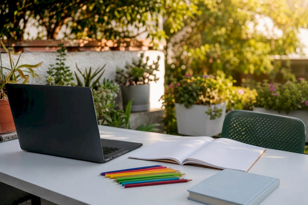 Study materials on table with off laptop screen